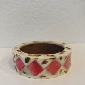 Vintage Wood and Stone Inlay Bangle Bracelet
